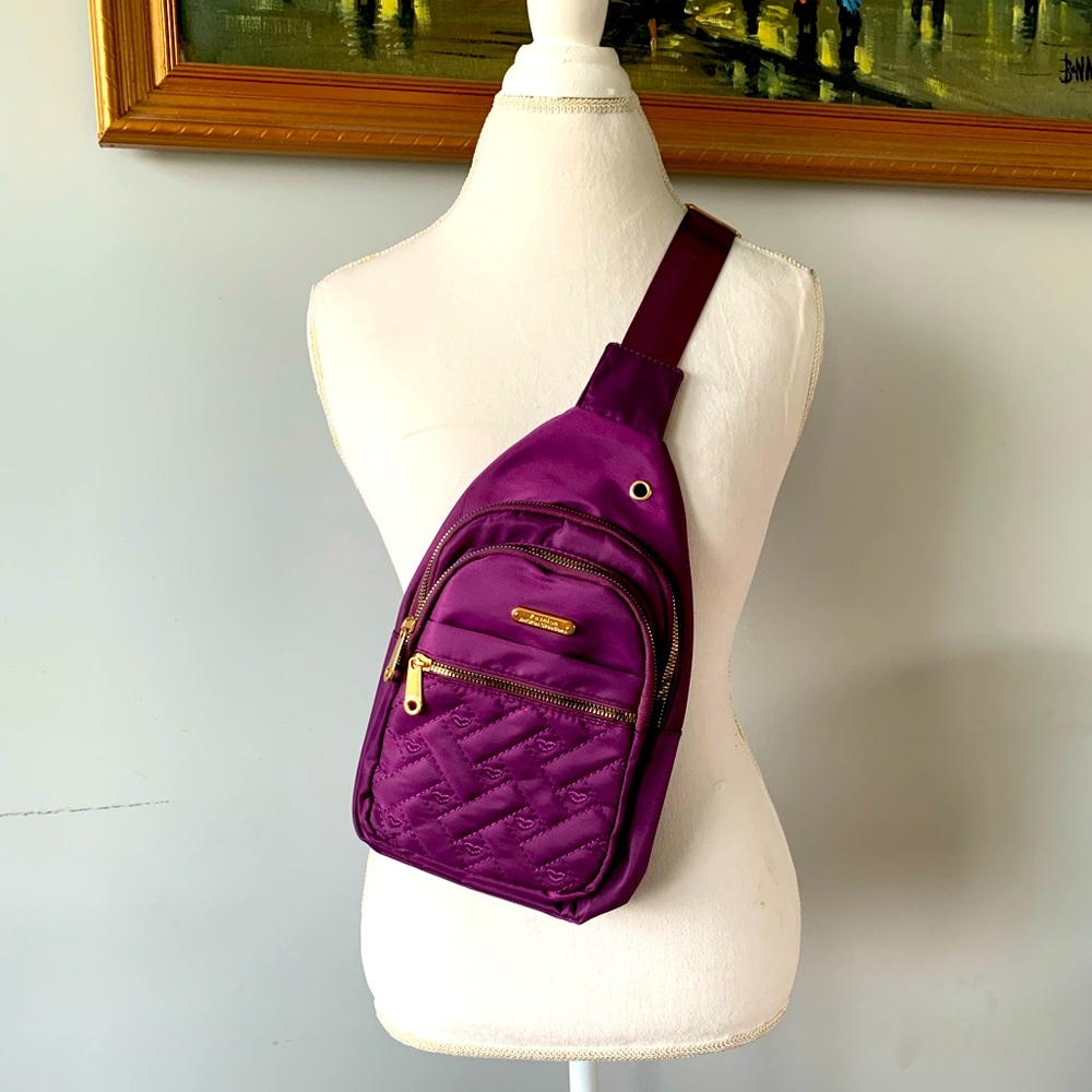 Quilted Hearts Purple Sling Crossbody Bag with Earbud Access